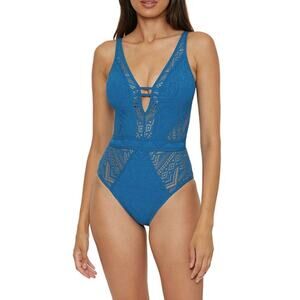 NEW Becca Crochet One Piece Swimsuit Size Large Cobalt Blue Sheer Lace Open Back